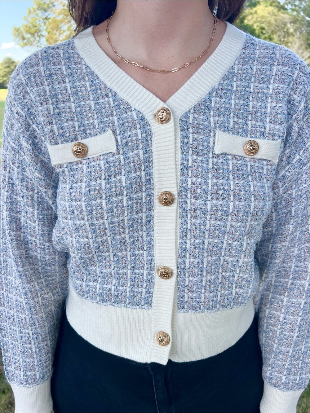 Blue Tweed Cropped Cardigan with Cream Trim